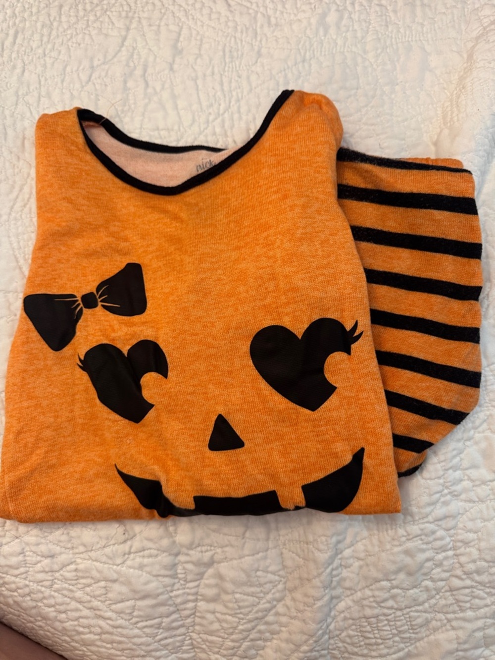 Kids Orange Pumpkin Face Pajama Set with Black Stripe Pants